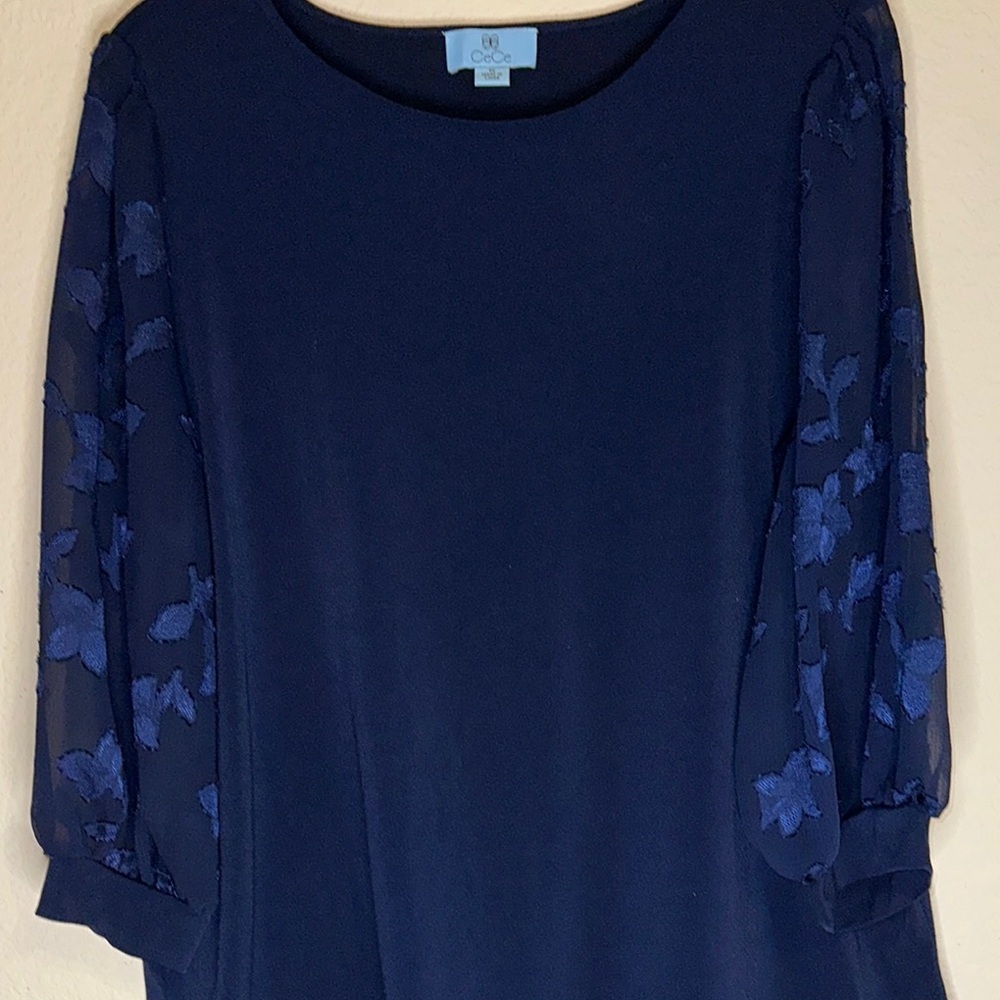 Elegant Navy Blue Dress with Sheer‎ Sleeves